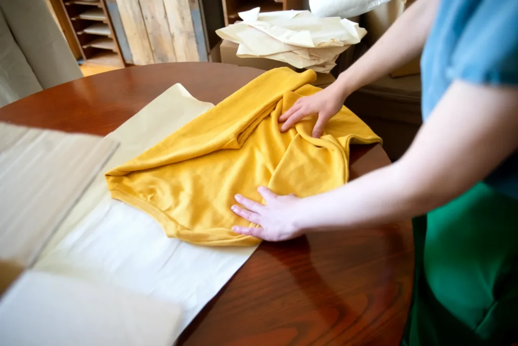 Hands folding a yellow shirt on a wooden table