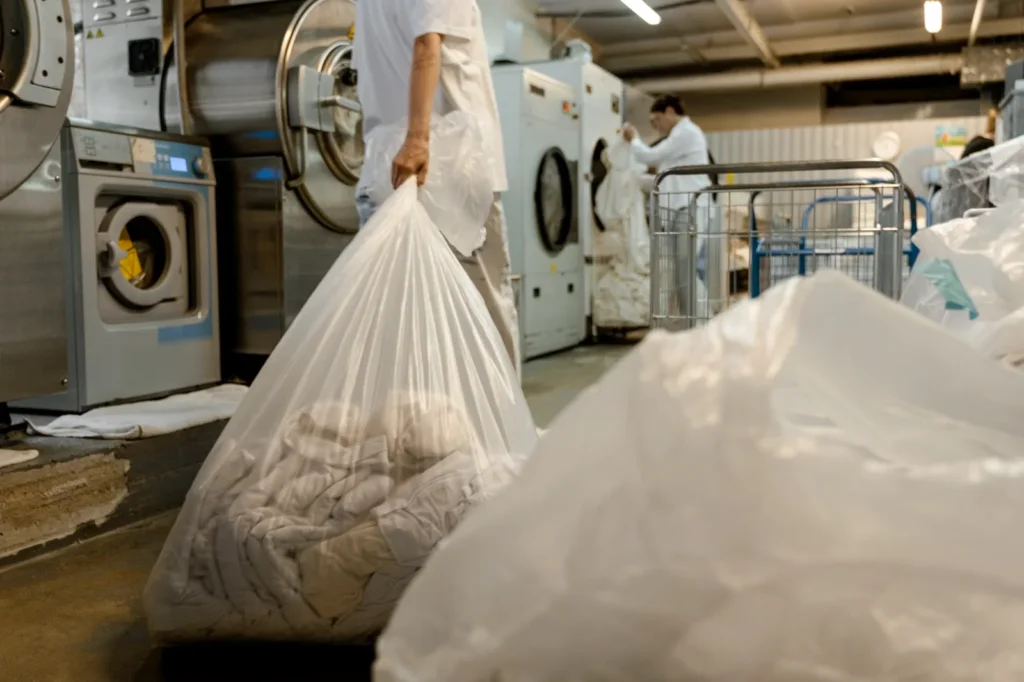 Bagged laundry in a commercial laundry facility